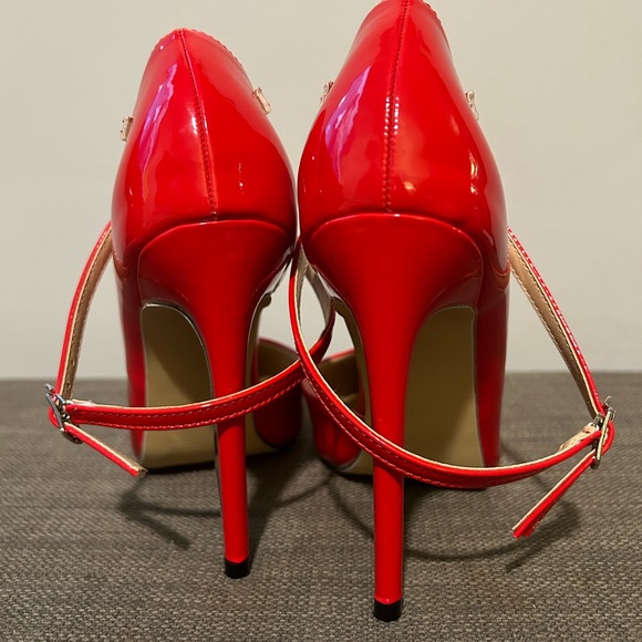 Red Patent Pumps w/ Wrap Around Ankle Strap - Picture 3 of 8